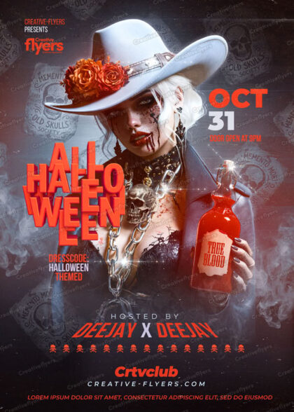Dark cowgirl vampire Halloween PSD flyer template with red roses and skull details