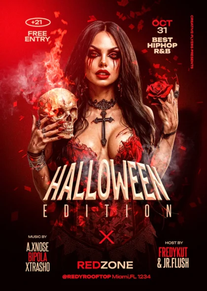Gothic Halloween Party Flyer Template featuring vampire model, red lighting, and skull