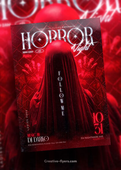 Dark red Halloween flyer template featuring a veiled figure and creepy hands behind a fence.