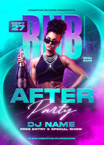Neon cyan and purple RnB After Party Flyer Template featuring fluid graphic waves, stylish model with champagne, and 3D gradient typography