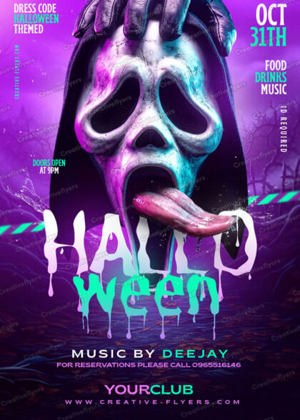 Vibrant purple and teal neon Halloween party flyer template featuring a hooded scream mask with dripping typography.
