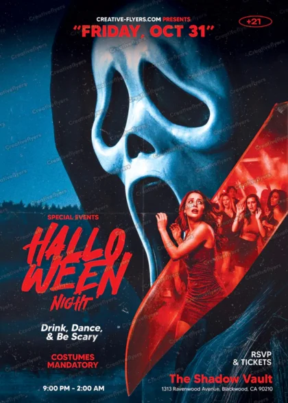 Halloween poster template featuring a ghostly scream mask and a bloody knife reflection with partygoers