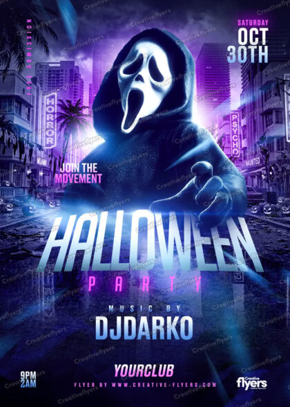 Spooky Scream Halloween PSD flyer template featuring neon purple lights and carved pumpkins
