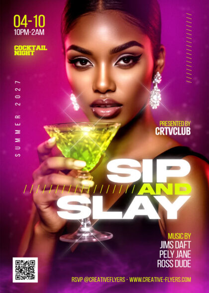 Glamorous woman holding a neon green cocktail glass on a glowing magenta party flyer design