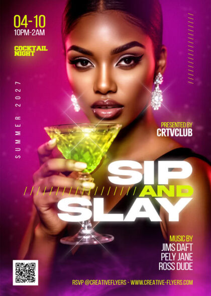 Glamorous woman holding a neon green cocktail glass on a glowing magenta party flyer design