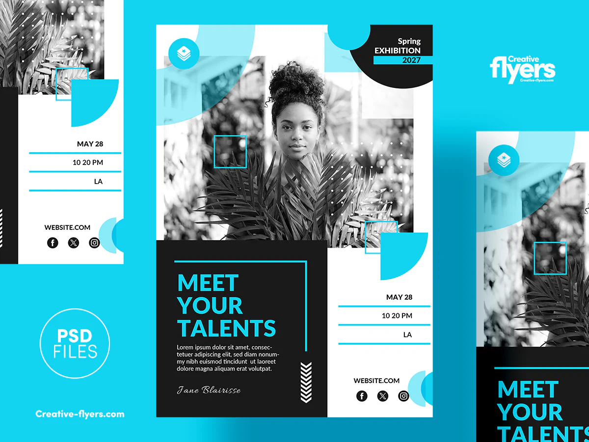 Black and white portrait featured in a modern art exhibition PSD flyer template with cyan geometric accents.