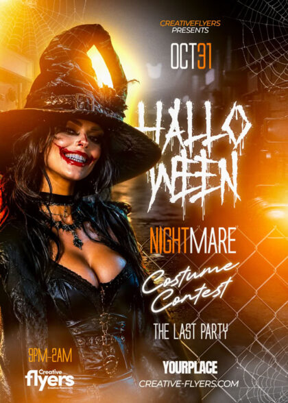 Halloween nightmare party PSD flyer template with witch costume contest design