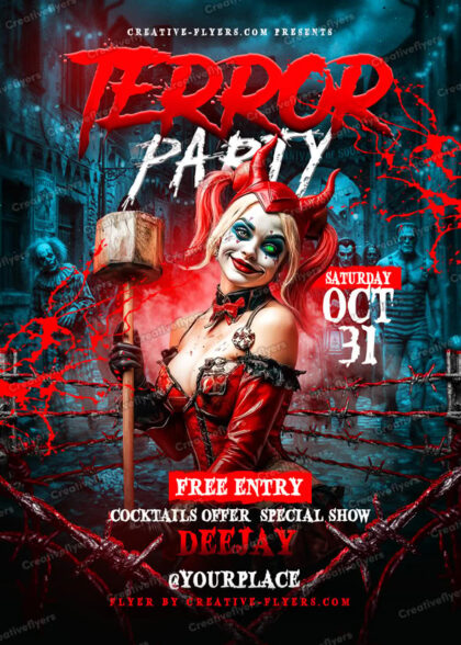 Terror Party Flyer PSD design featuring a dark Harley Quinn-inspired character and Halloween elements.