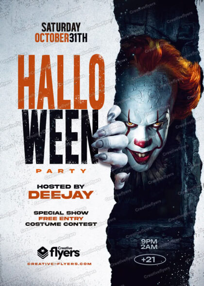 Terrifying horror clown peering through a wall for a dark Halloween party PSD flyer