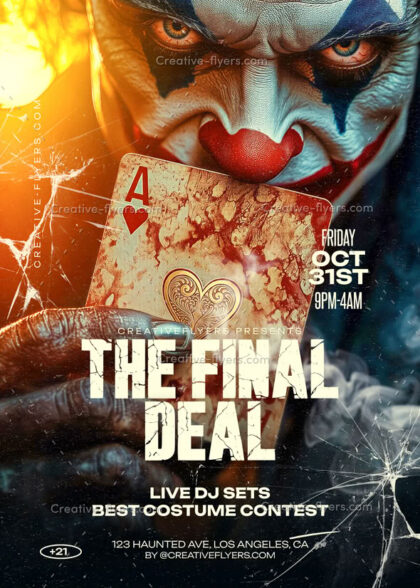 Close-up of a scary clown face holding a bloody Ace of Hearts card on a Halloween event flyer.
