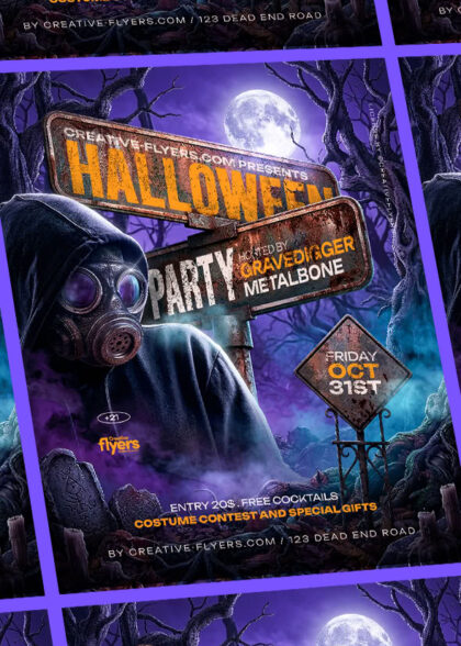 Dark and grungy Halloween party flyer template with a figure in a gas mask, street signs pointing to Halloween and Party, a full moon over a graveyard.
