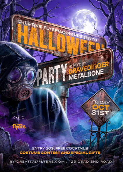 Dark and grungy Halloween party flyer template with a figure in a gas mask, street signs pointing to Halloween and Party, a full moon over a graveyard.