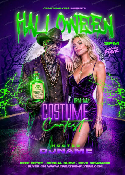 Halloween club party flyer template featuring a zombie cowboy holding a poison bottle and a woman in a purple velvet dress against a spooky dark background.
