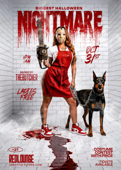 Halloween event flyer template featuring horror slasher girl with chainsaw and Doberman dog