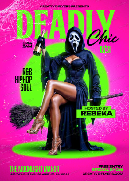 Deadly Chic Halloween Flyer Template PSD with witch mask and neon aesthetics