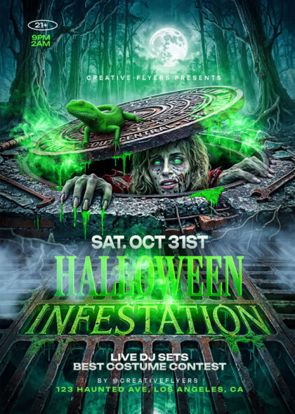 Halloween Infestation PSD flyer design featuring a zombie rising from a sewer manhole with a green lizard and eerie woods.