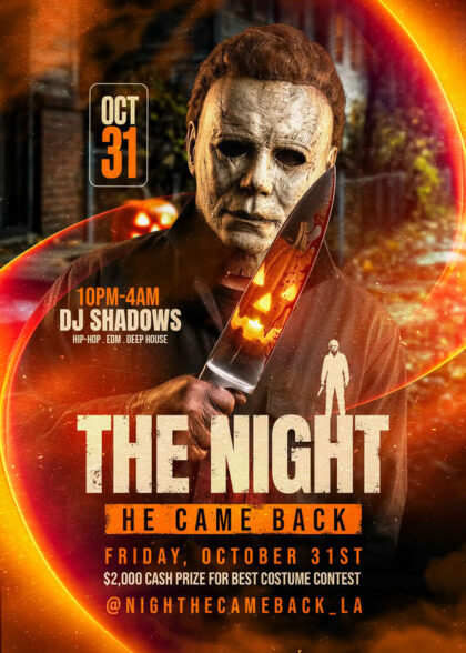 Cinematic horror flyer template featuring a scary mask and knife design for Halloween club nights
