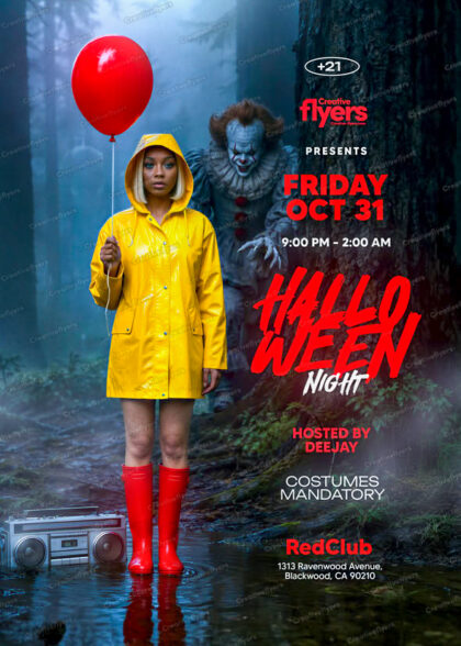 Creepy Halloween poster PSD template featuring a woman in a yellow raincoat holding a red balloon with a scary clown in foggy woods.