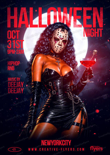 A premium digital flyer template for a "Halloween night flyer" promotion, featuring a model in a hockey mask holding a bloody cocktail under a full moon.