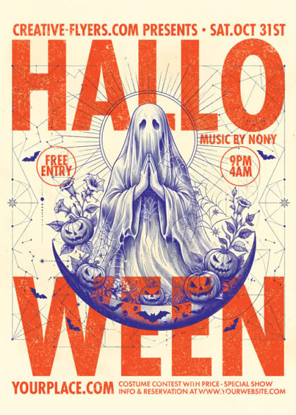 Detailed engraved-style illustration of a praying ghost, pumpkins, and sacred geometry on a retro Halloween poster flyer template PSD by Creative-Flyers.com.