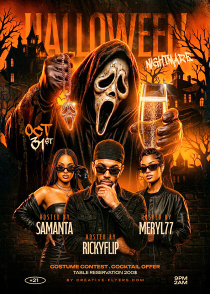 High-quality preview image of the 'Halloween Nightmare Club Flyer Template' PSD, featuring a textured Scream Ghostface mask and three stylish hosts, set against a spooky mansion.