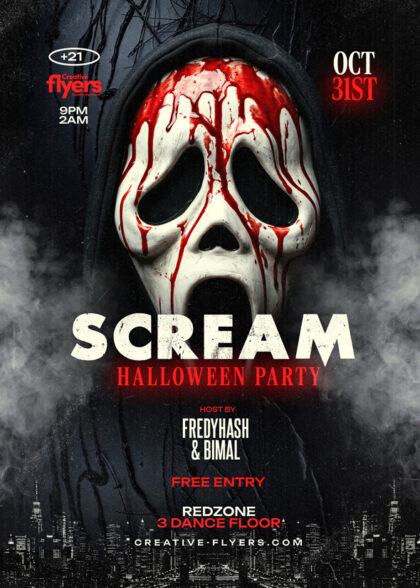 Scream Halloween Party Flyer PSD Template featuring a bloody Ghostface mask and horror atmosphere