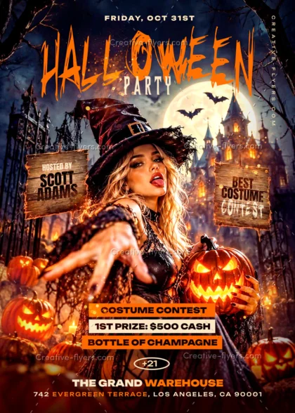Spooky editable Halloween party flyer template featuring a witch and glowing pumpkins
