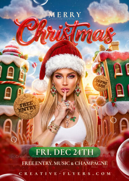 A creative flyer for a sophisticated Christmas party, featuring a beautiful model in a Santa hat against a charming gingerbread village backdrop.