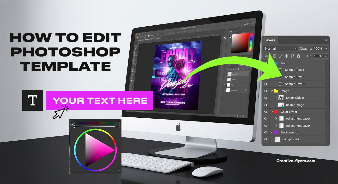 Desktop computer screen displaying Adobe Photoshop workspace for editing a PSD event flyer template by Creative Flyers