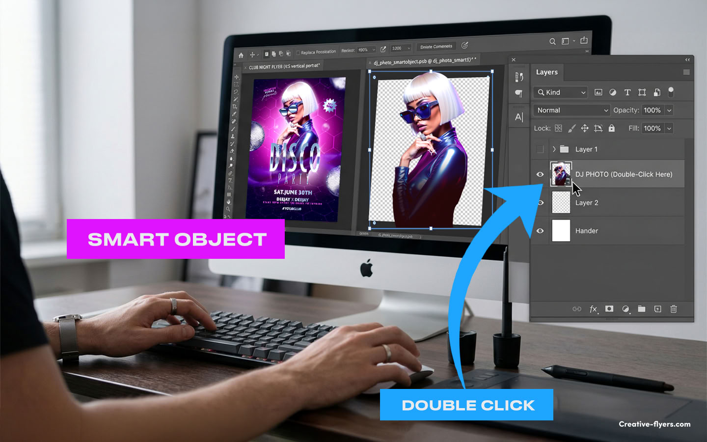 Close-up of Adobe Photoshop interface showing how to double-click a Smart Object layer to replace a DJ photo in a flyer template