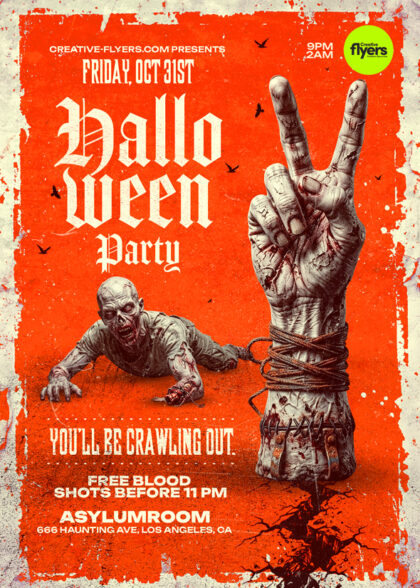 Retro Halloween Invitation PSD Flyer Template with zombie hand and grunge design