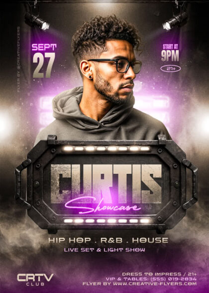 Guest DJ Flyer and Club Flyer template featuring Curtis Showcase with a DJ portrait and metallic banner.